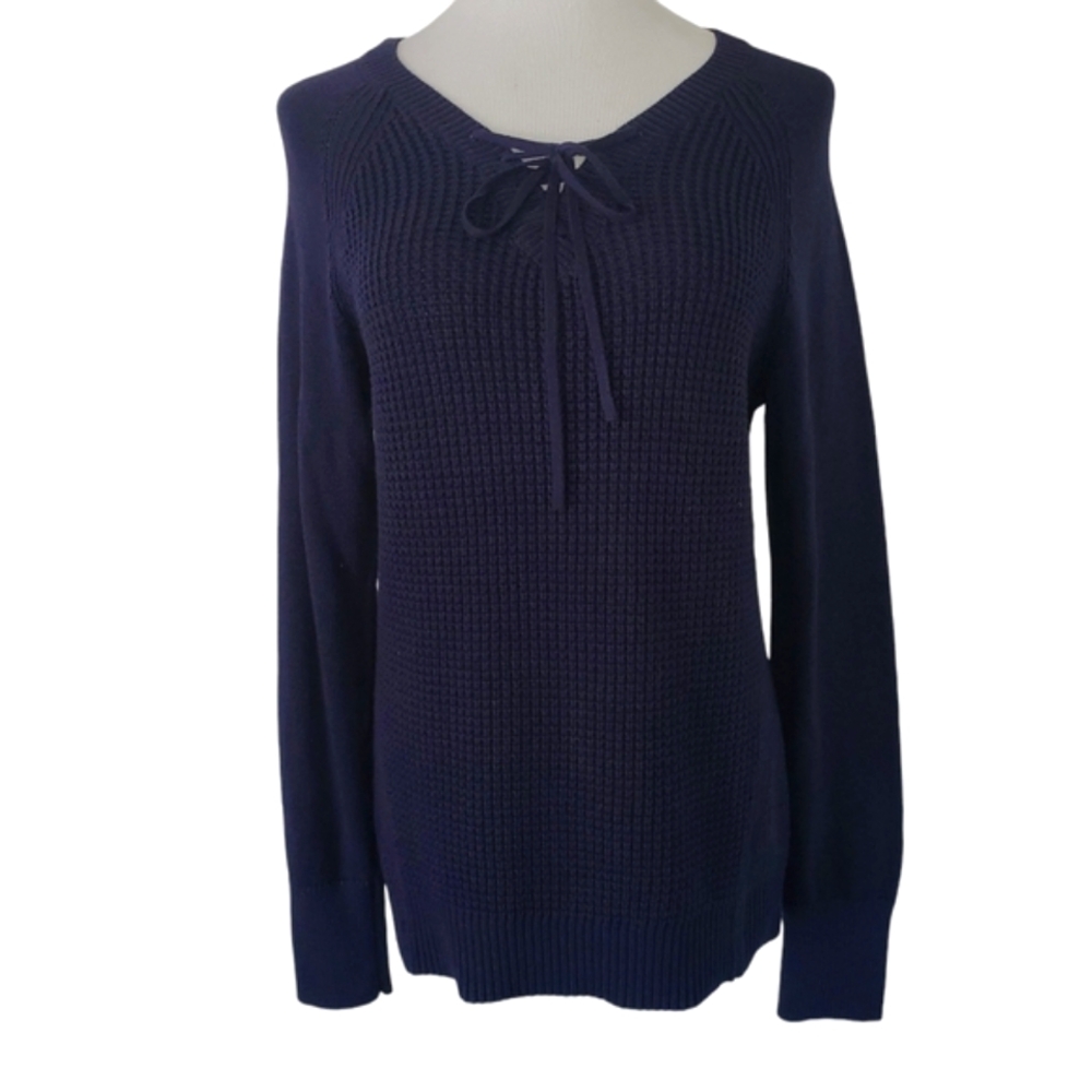 🔥NAUTICA NWT Navy Blue LaceUp Neck Drop Waist Waffle Knit Sweater Women's SZ M
